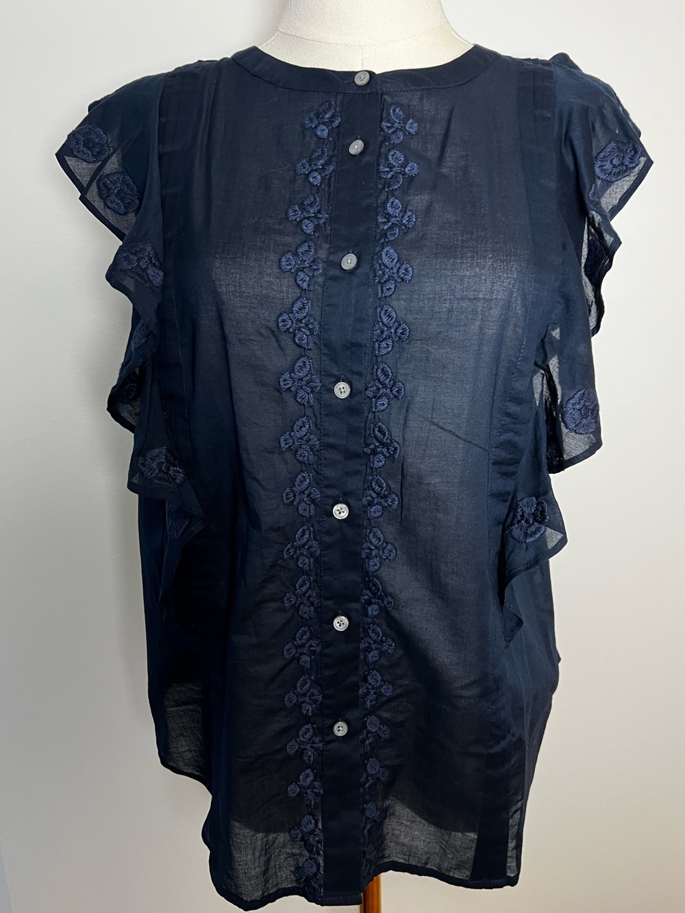 J. Crew Navy Floral-Embroidered Ruffle Button Front Blouse
